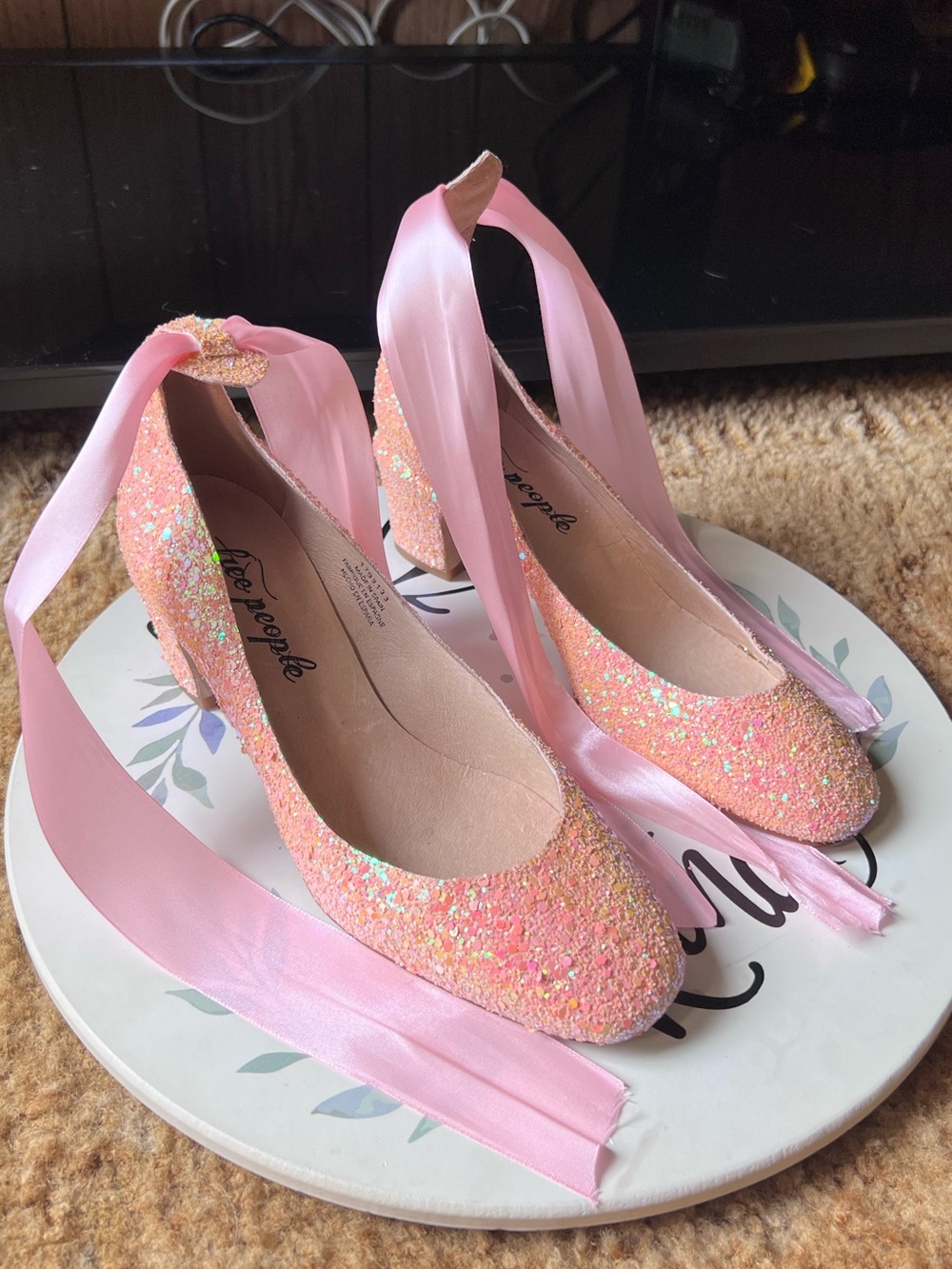 Free People Pink Glitter Lana Block Heels size women’s 9. - Picture 9 of 17